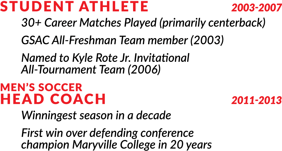 Student Athlete 2003 2007 30+ Career Matches Played (primarily centerback) GSAC All Freshman Team member (2003) Named...