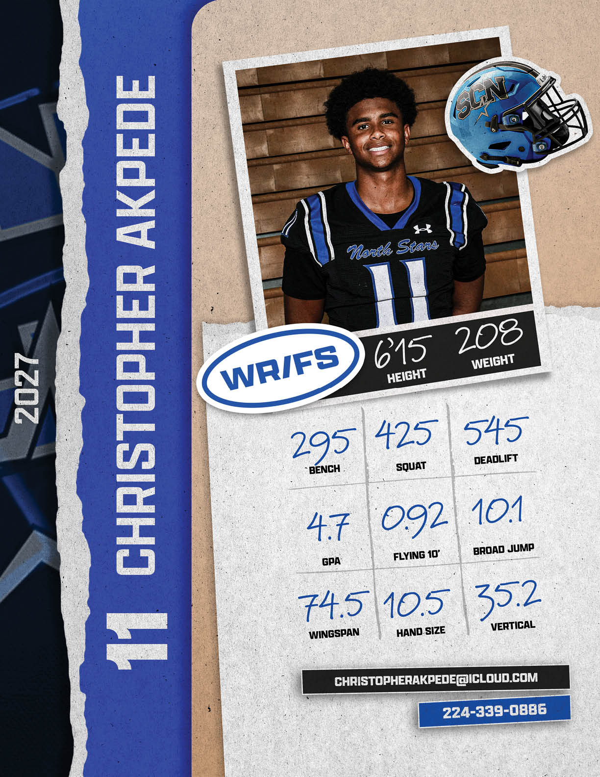 A football player's stats are displayed on a card. AI generated content