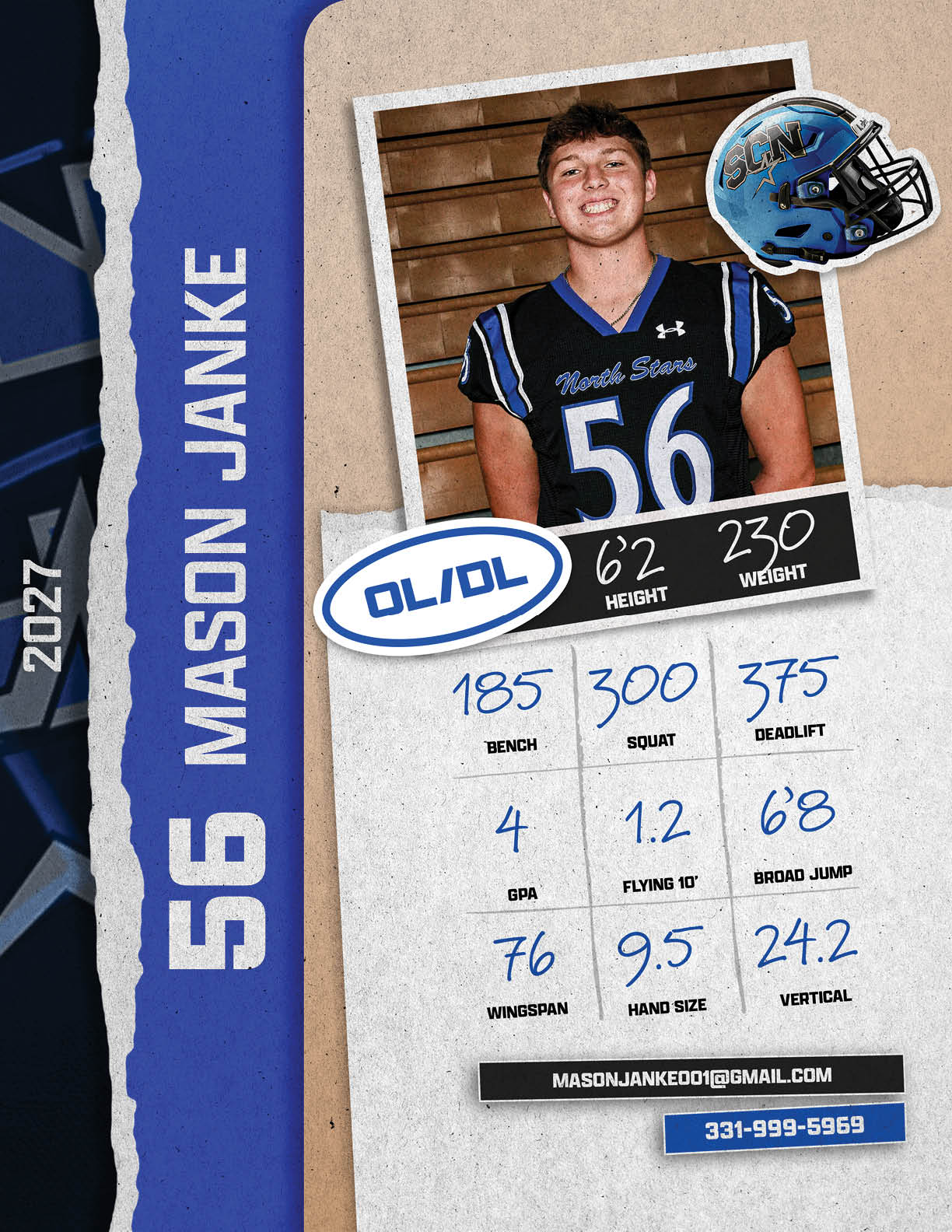 A football player wearing a blue and black uniform is shown on a card. AI generated content