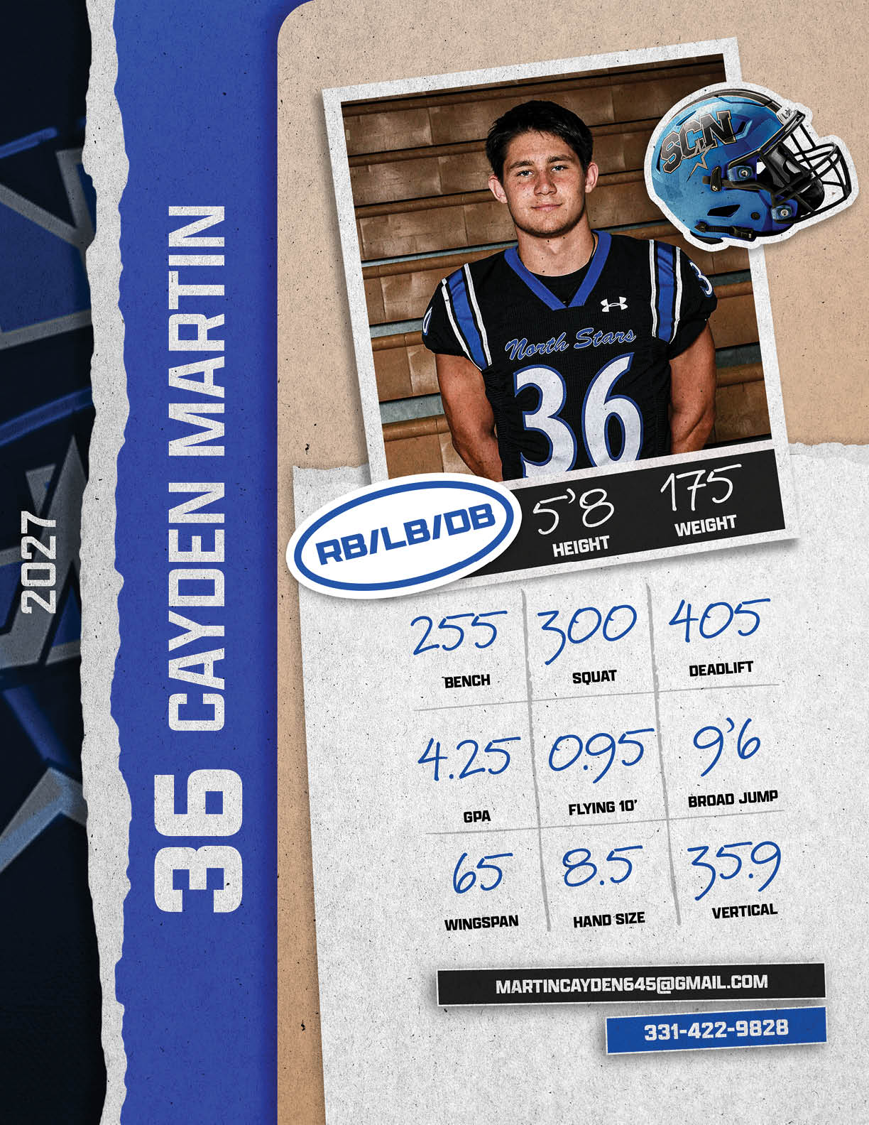 A football player named Cayden Martin is shown on a card with his stats. AI generated content