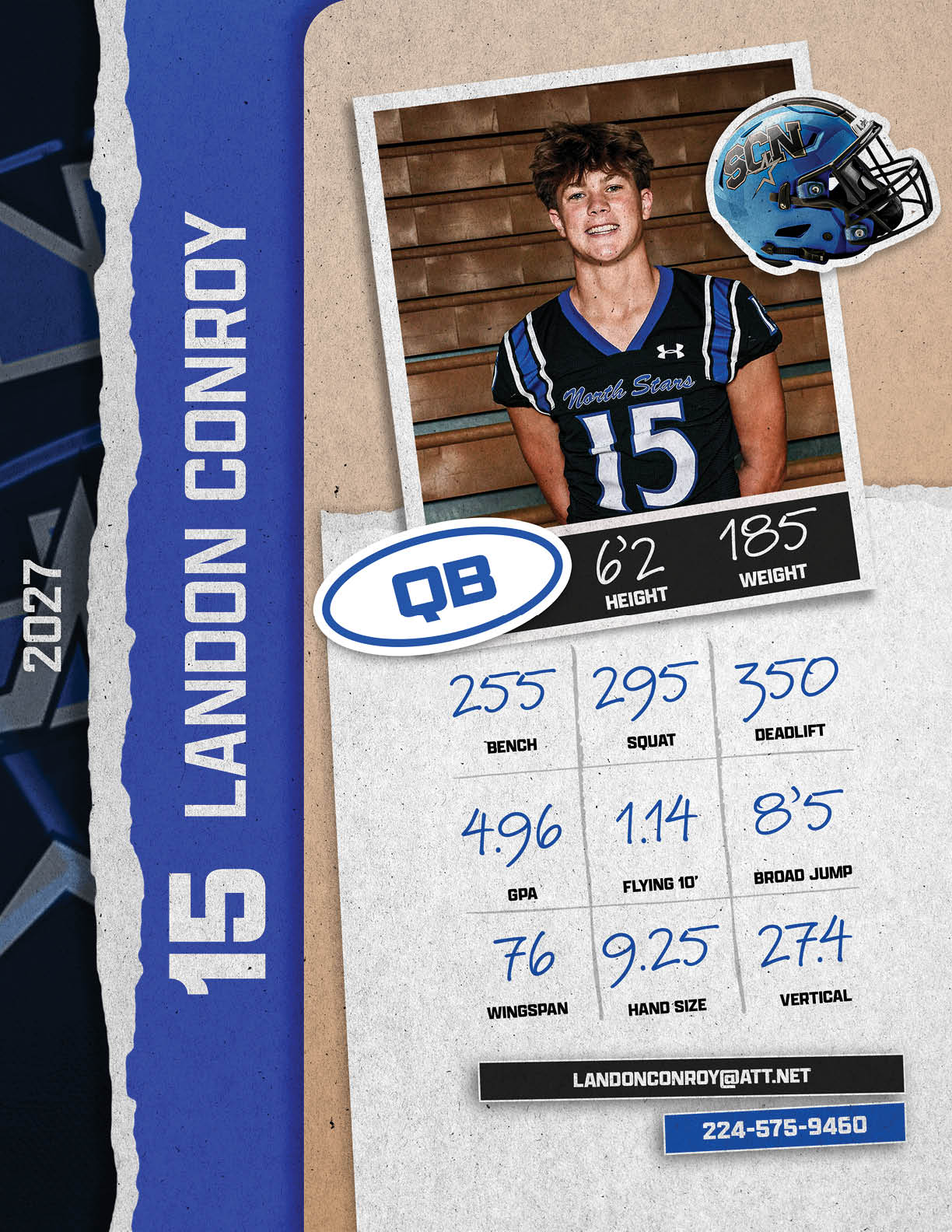 A football player named Landon Conroy is shown on a card with his stats. AI generated content