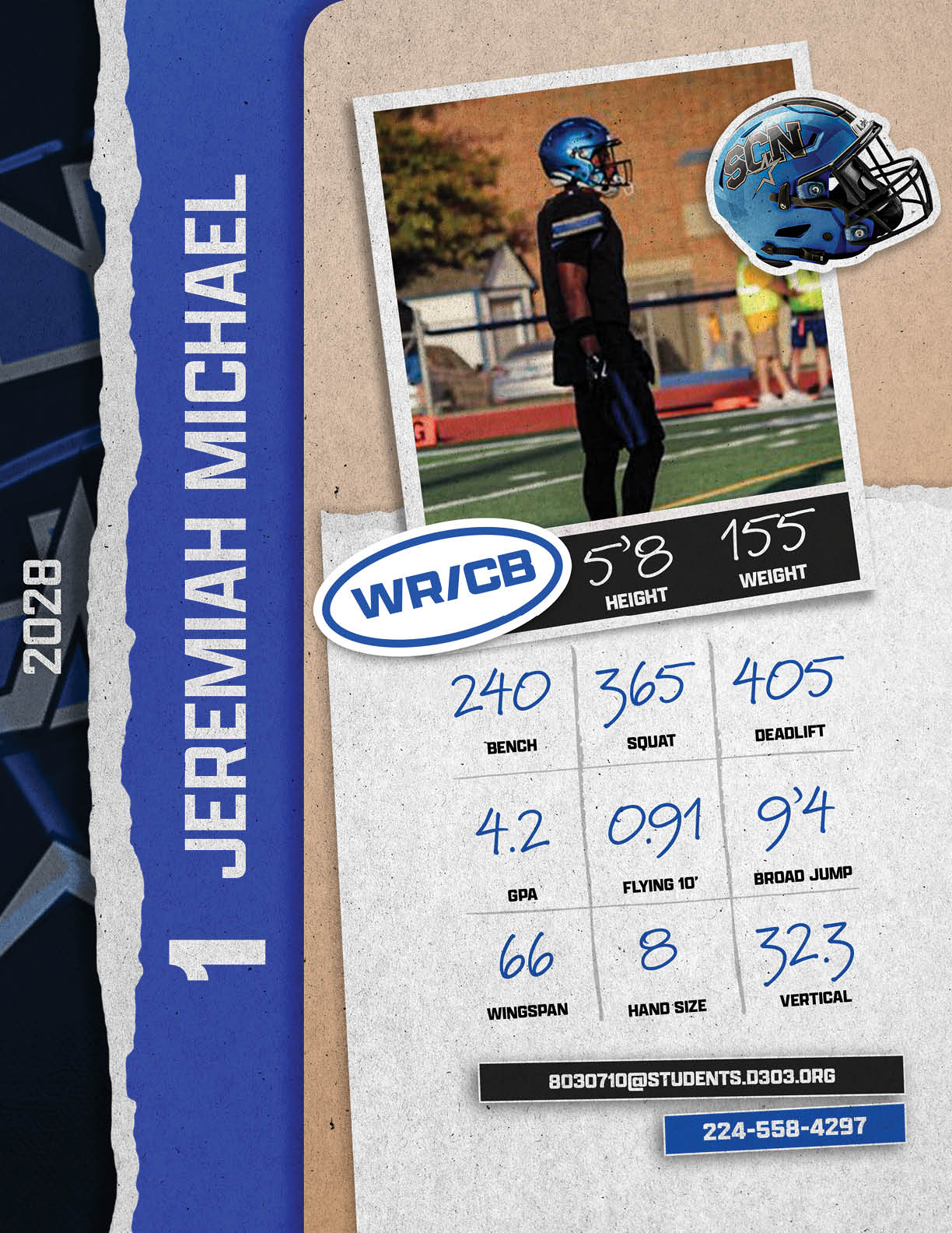 A football player's stats are displayed on a piece of paper. AI generated content