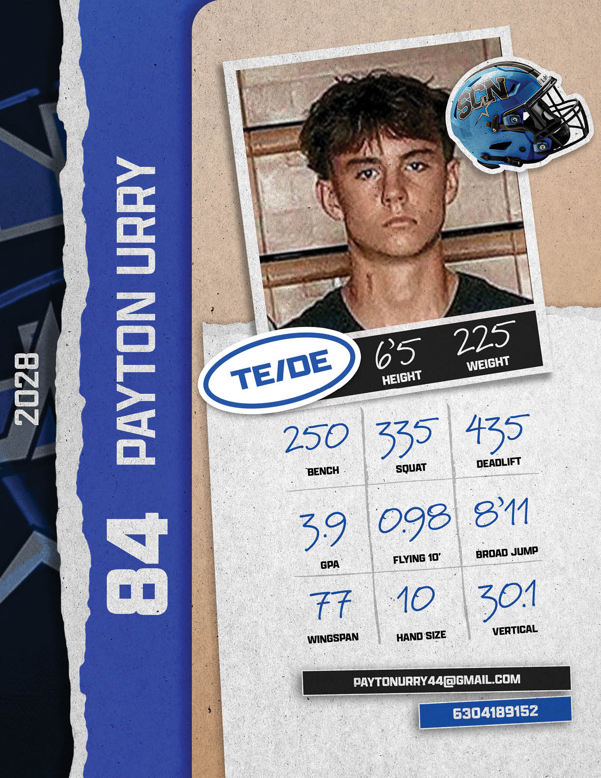 A young man is shown in a football uniform, with his name and other details listed below. AI generated content