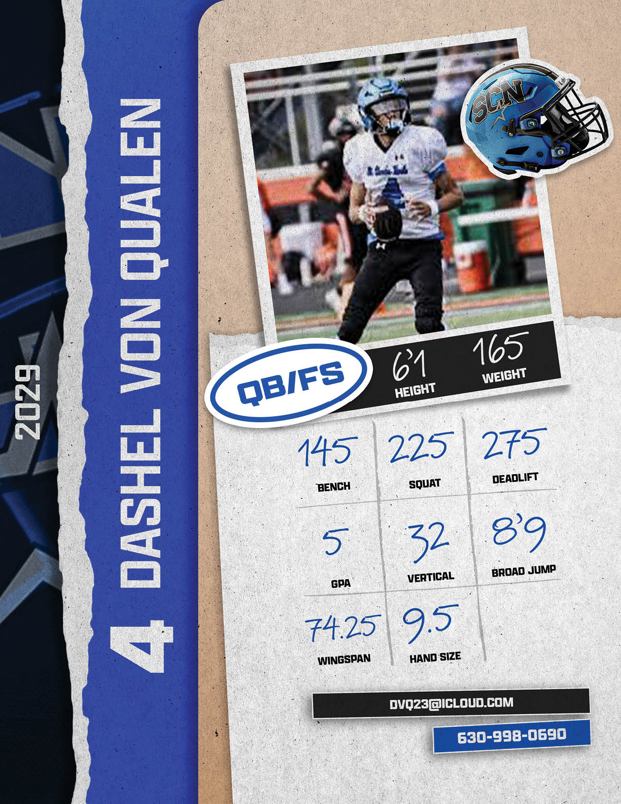 A football player named Dashel Qualen is shown on a card. AI generated content