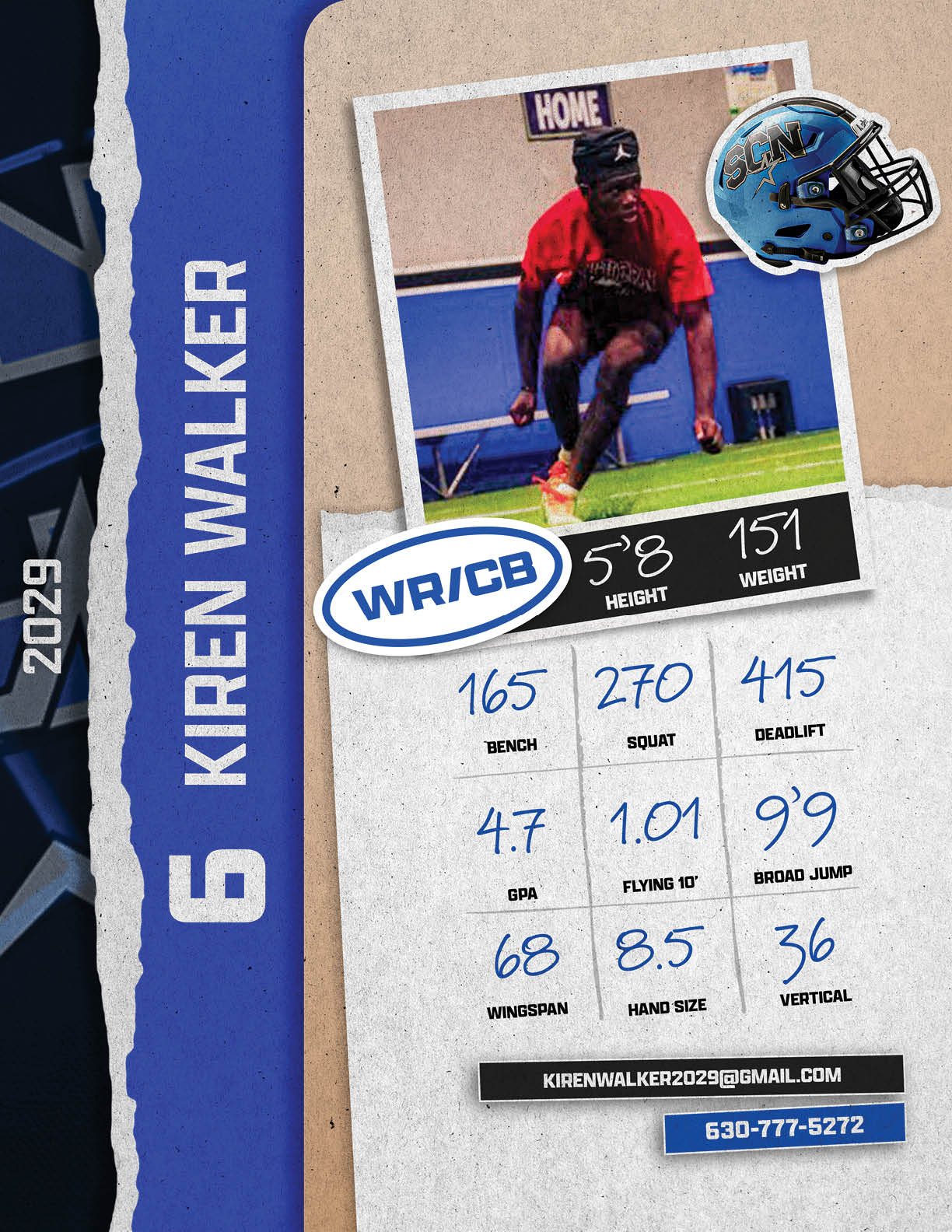 A football player is shown in a photo with his weight, height, and other statistics displayed. AI generated content