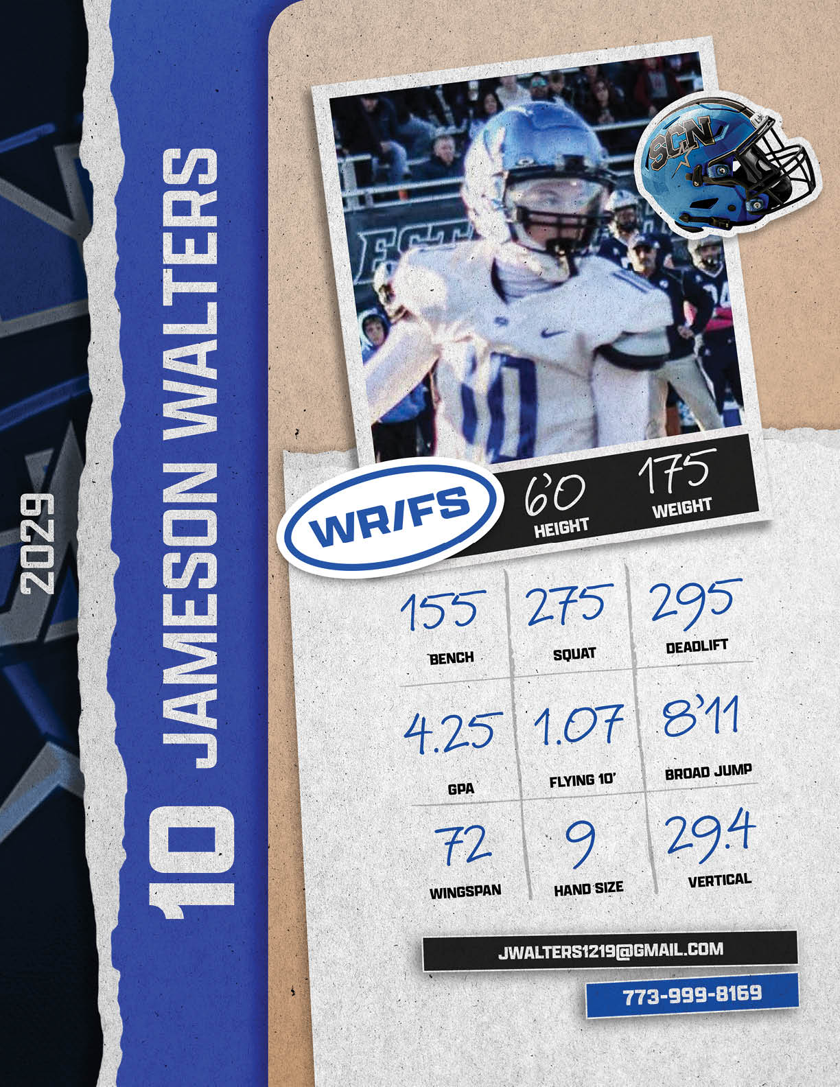 A football player's stats are displayed, including his weight, height, and arm length. AI generated content