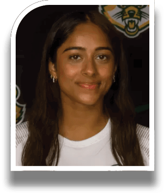 A woman wearing a white shirt with a logo on it. AI generated content