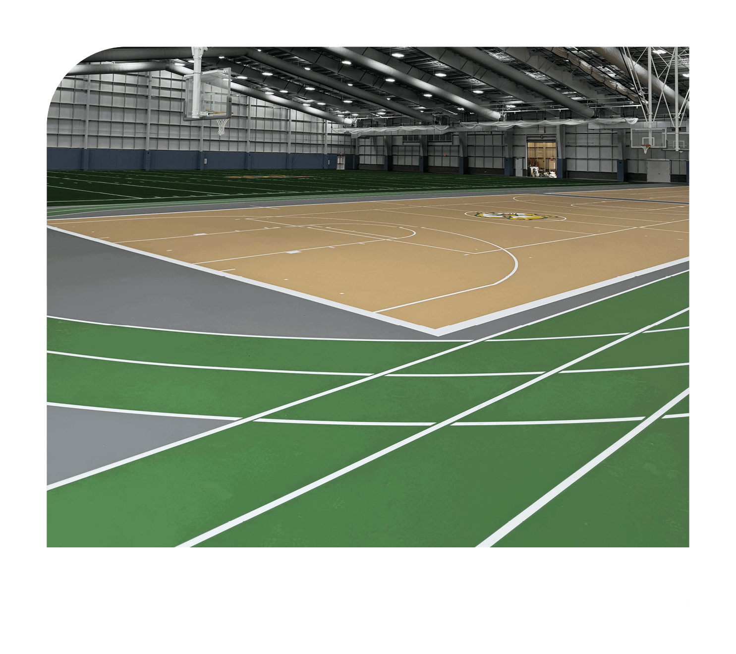 A basketball court with a hoop and a scoreboard. AI generated content