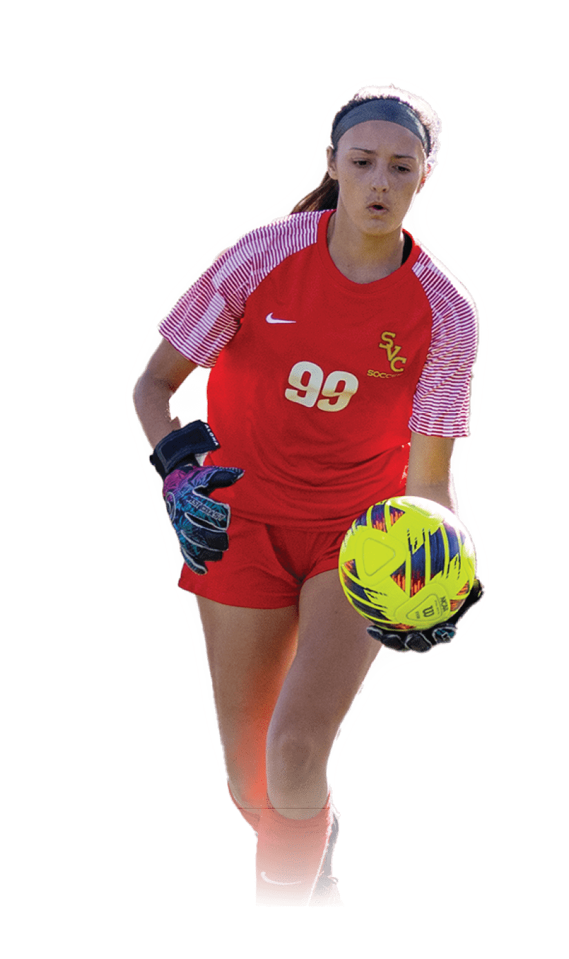 A woman in a red and white uniform is playing soccer. AI generated content