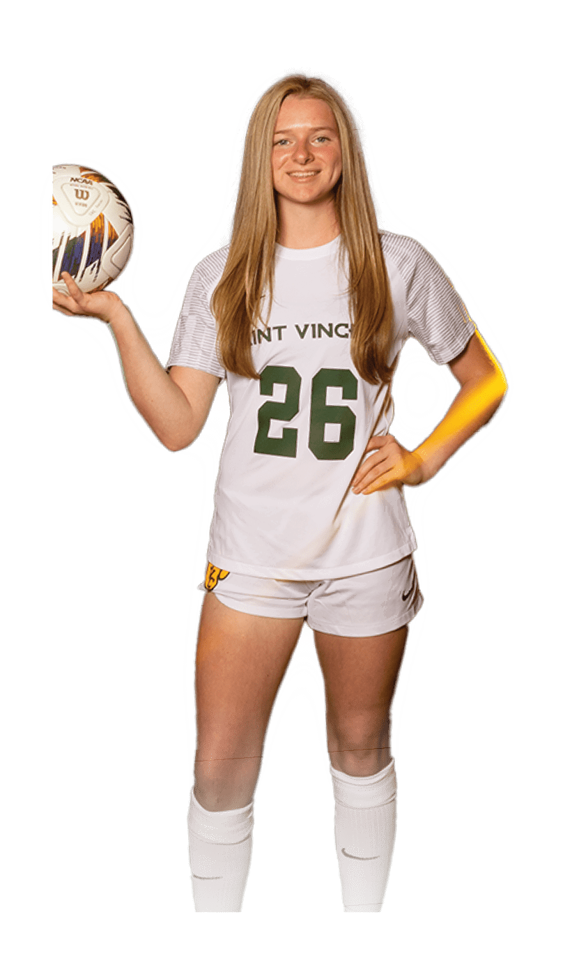 A young woman wearing a white and green uniform holds a soccer ball. AI generated content