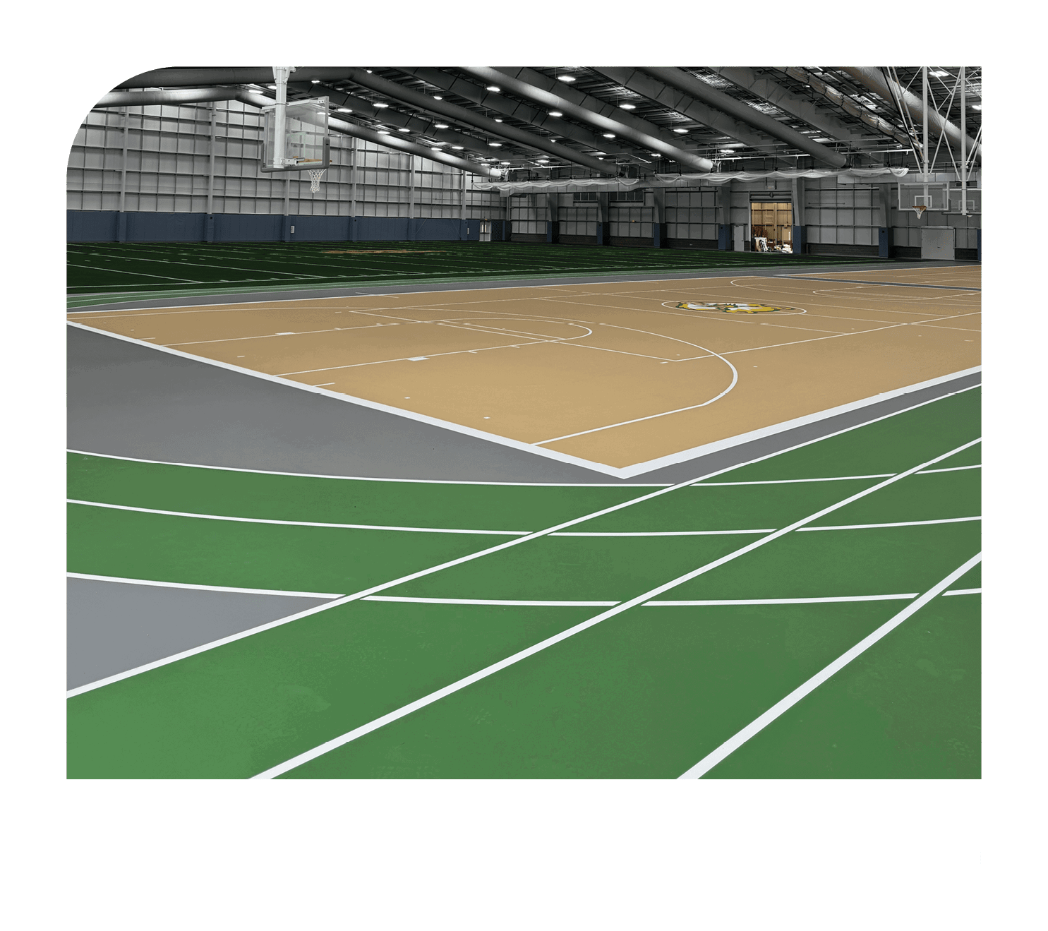 A basketball court with a hoop and a scoreboard. AI generated content