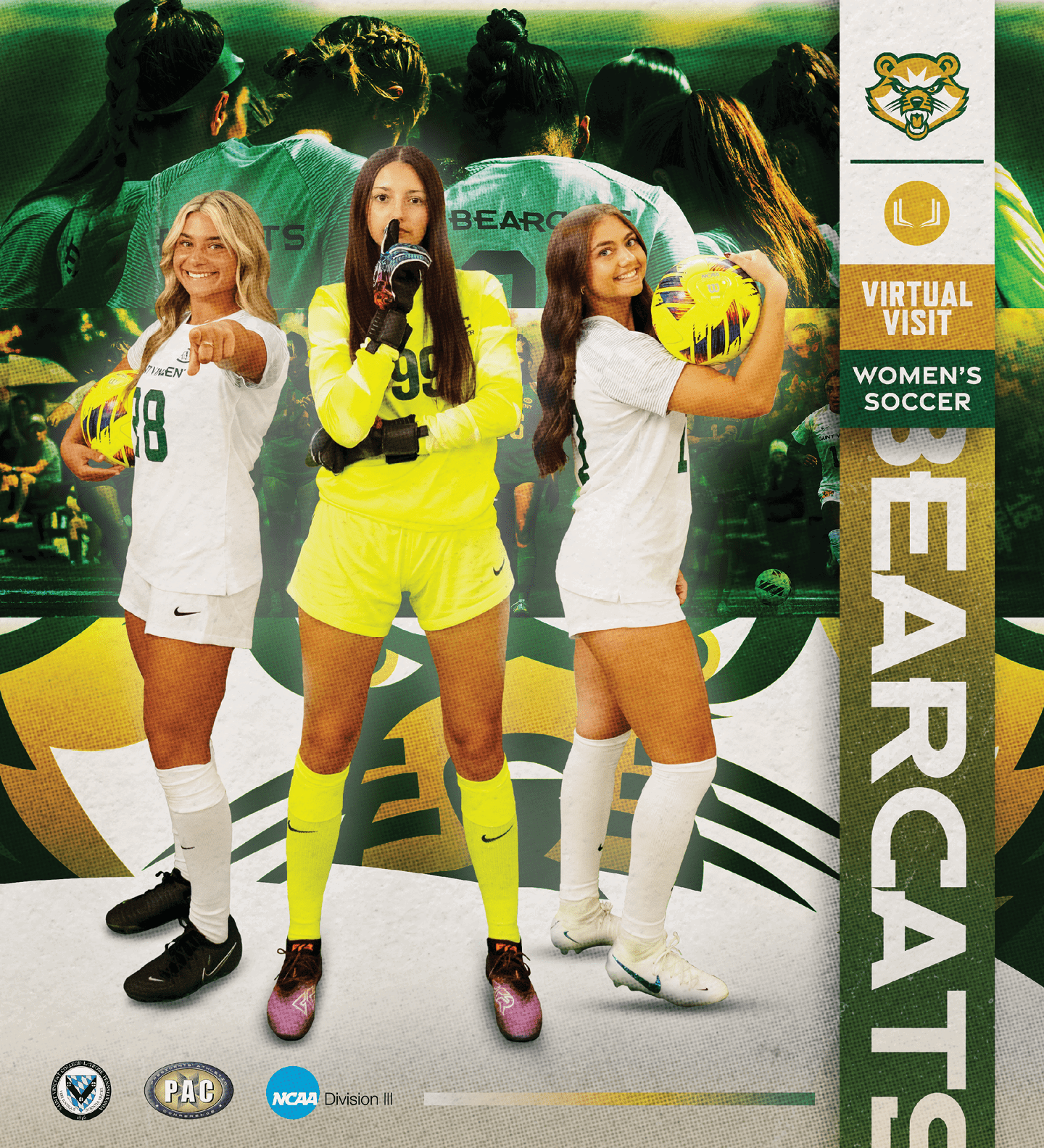 Three female soccer players pose for a picture in their uniforms. AI generated content