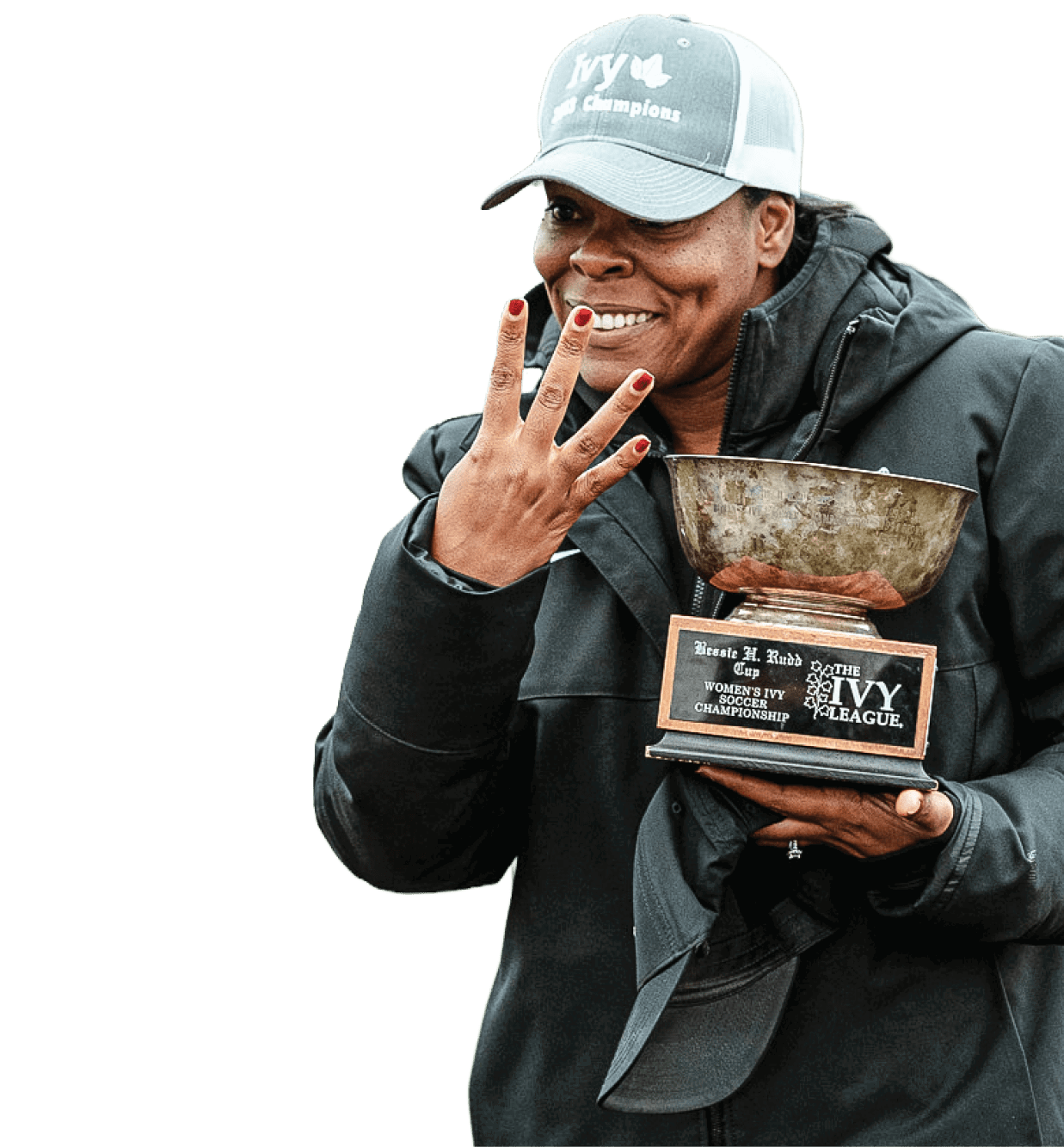 A man is holding a trophy and making the peace sign. AI generated content