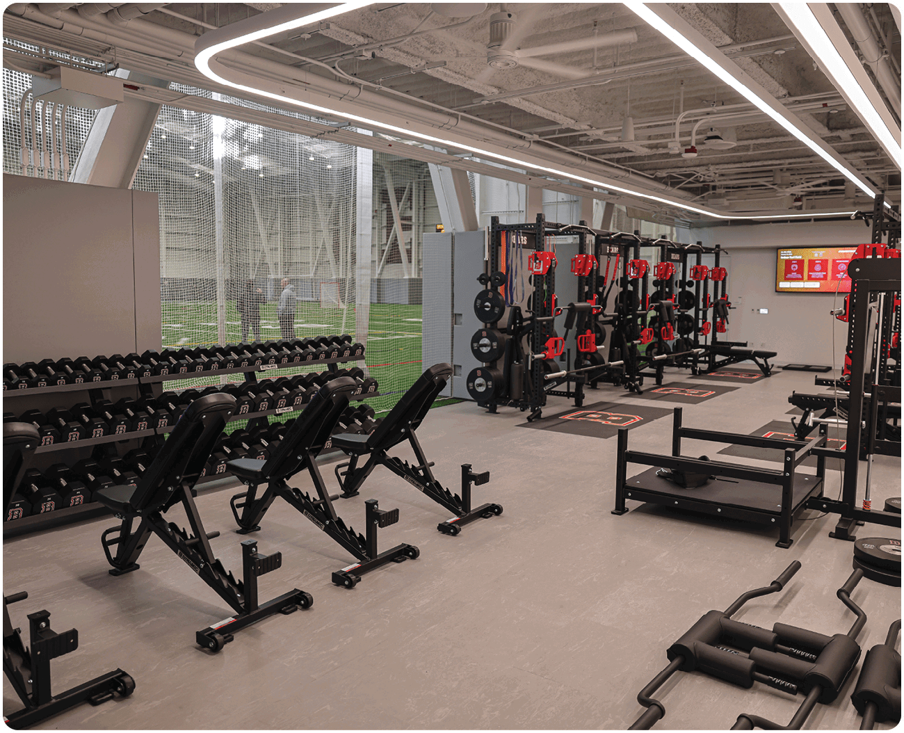 A gym with a variety of exercise equipment, including benches, dumbbells, and a treadmill. AI generated content