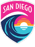 A logo for San Diego features a pink and blue wave with a sun and a surfboard. AI generated content