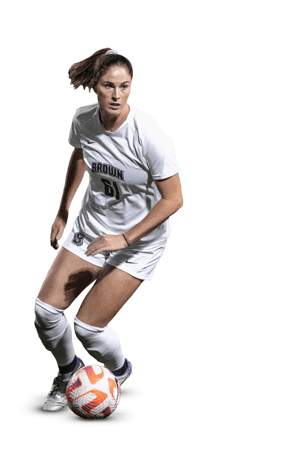 A woman in a white shirt and black shorts is standing on a soccer field, holding a soccer ball. AI generated content