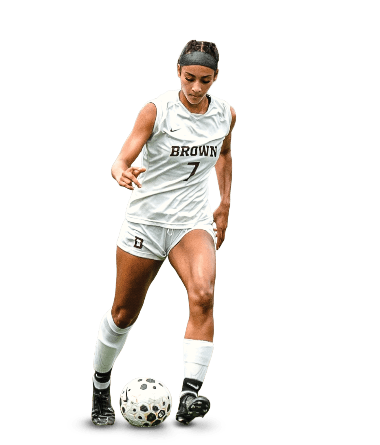 A woman in a white and black uniform is standing on a soccer field. AI generated content