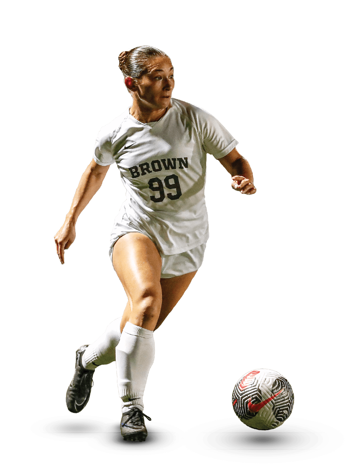 A female soccer player in a white uniform is about to kick a soccer ball. AI generated content