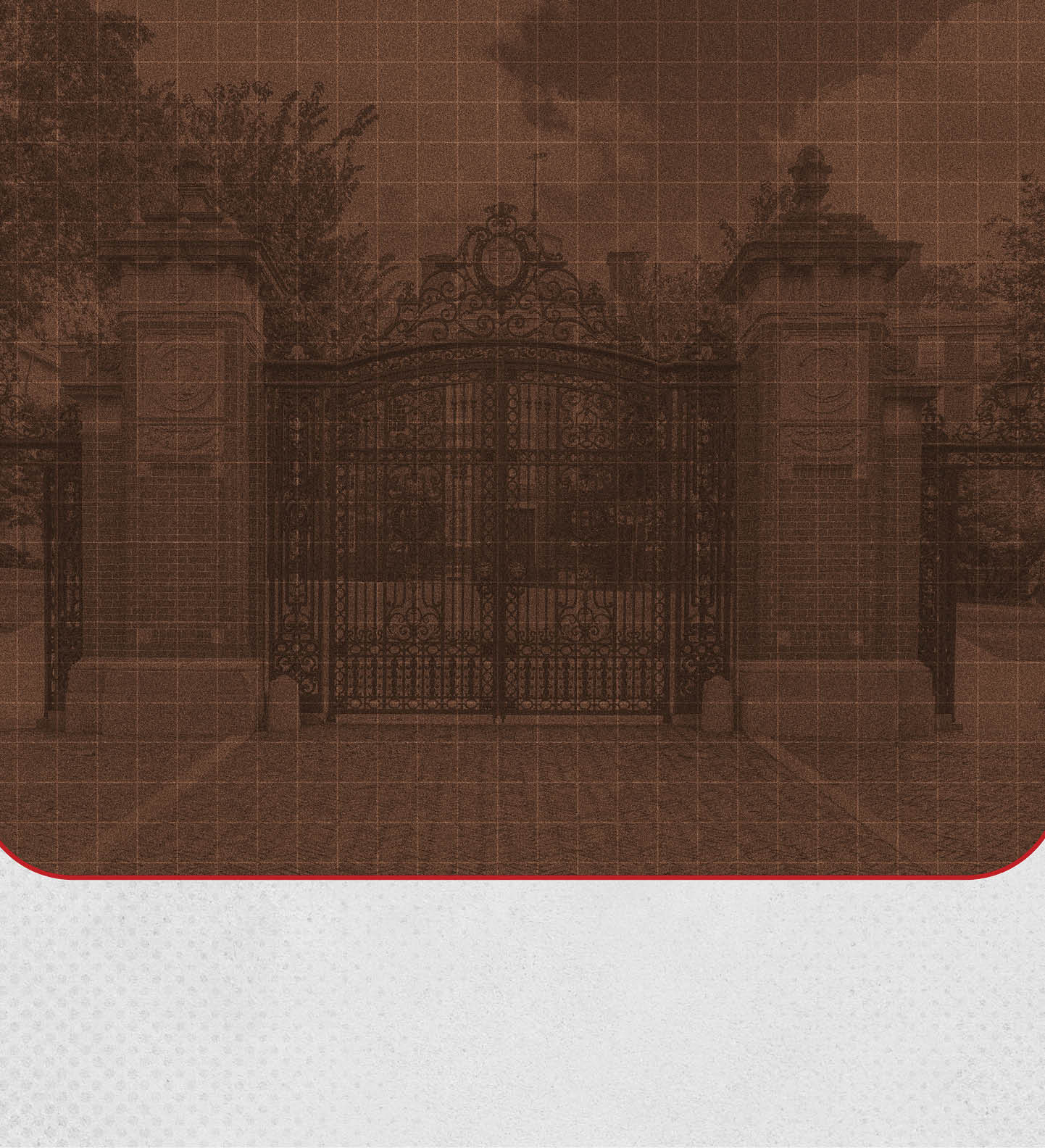 An old black and white photo of a large gate with a fence. AI generated content
