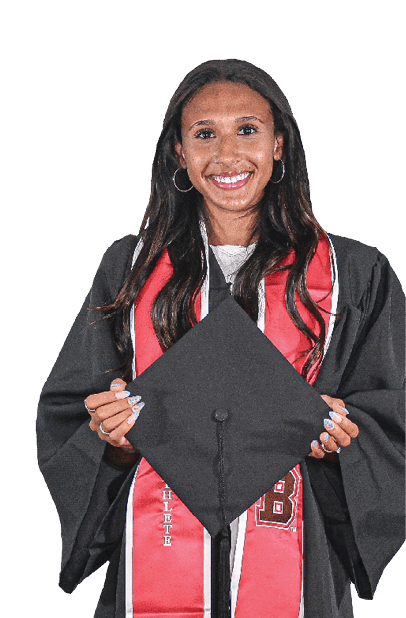 A woman wearing a red and black robe stands in a white background. AI generated content