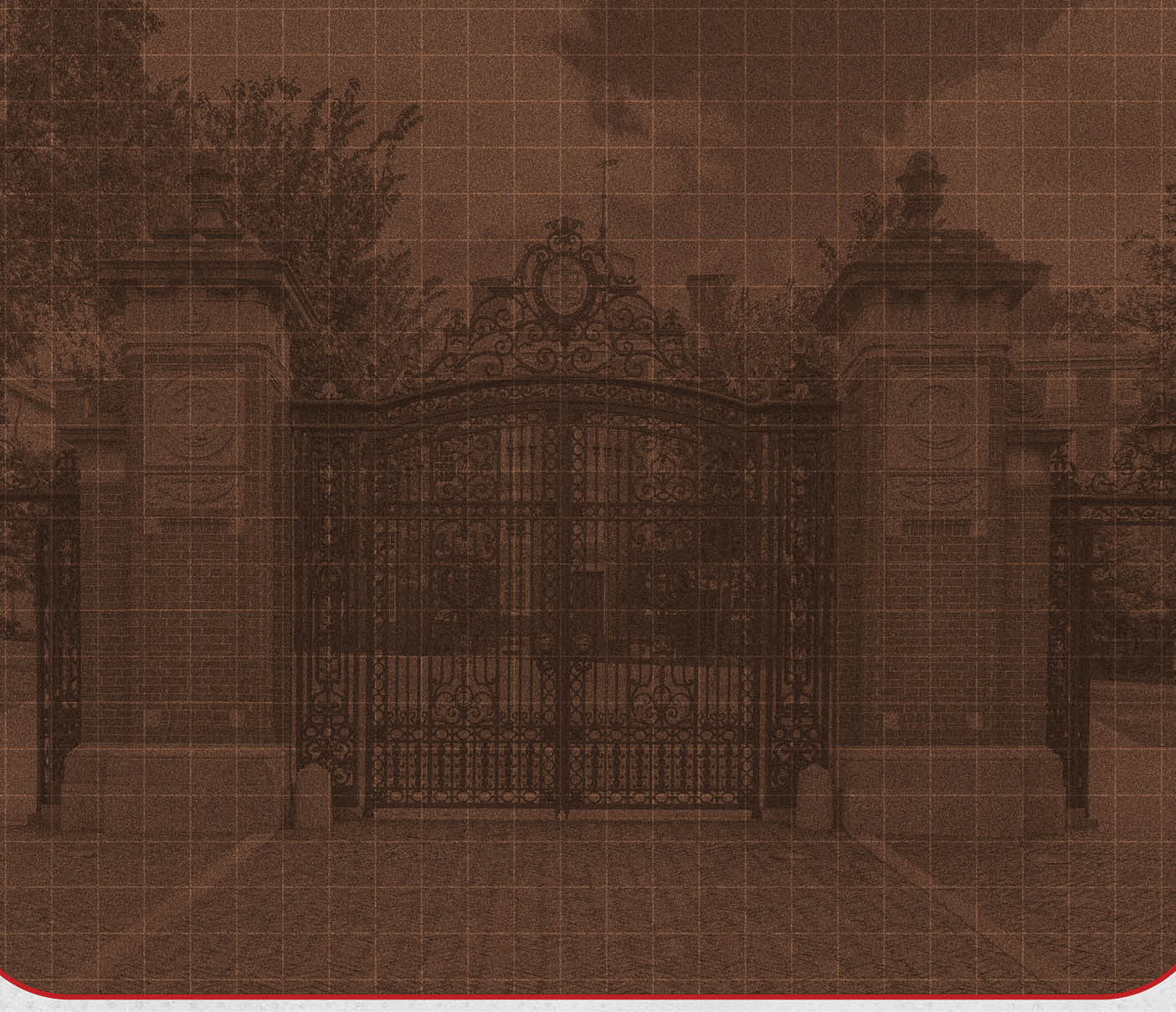 An old black and white photo of a large gate with a fence. AI generated content