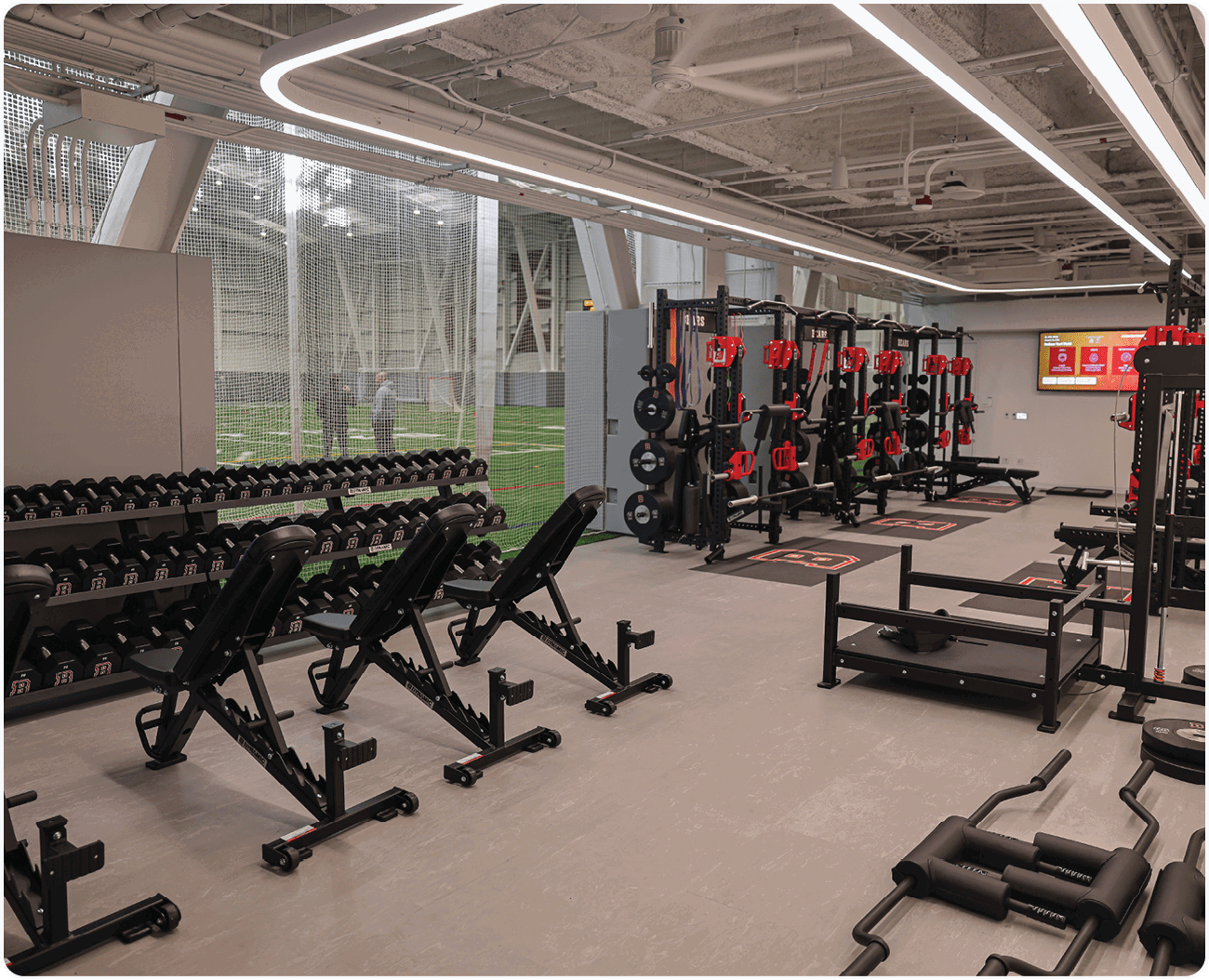 A gym with a variety of exercise equipment, including benches, dumbbells, and a treadmill. AI generated content