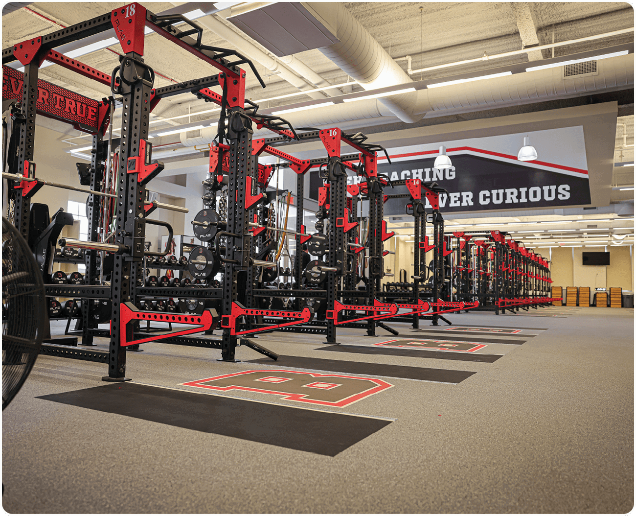 A gym with a weightlifting machine and a sign that says “Warrior curious." AI generated content