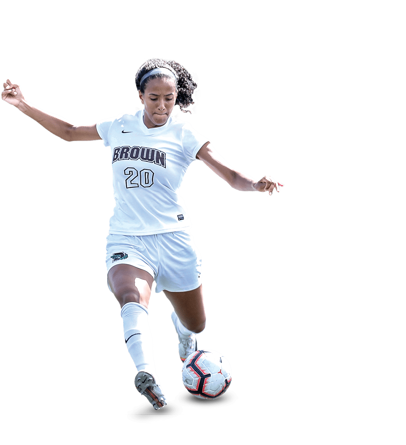 A woman in a white shirt and black shorts is running on a field. AI generated content