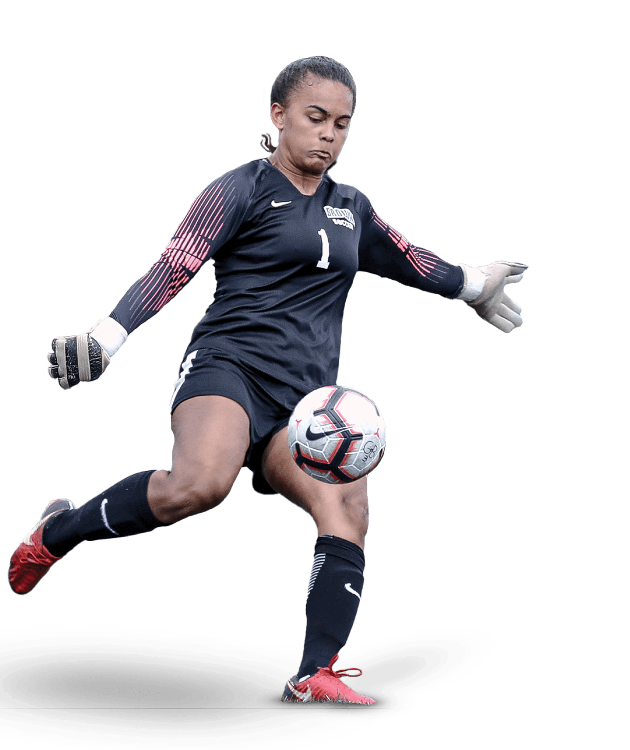 A woman in a soccer uniform is about to kick a soccer ball. AI generated content