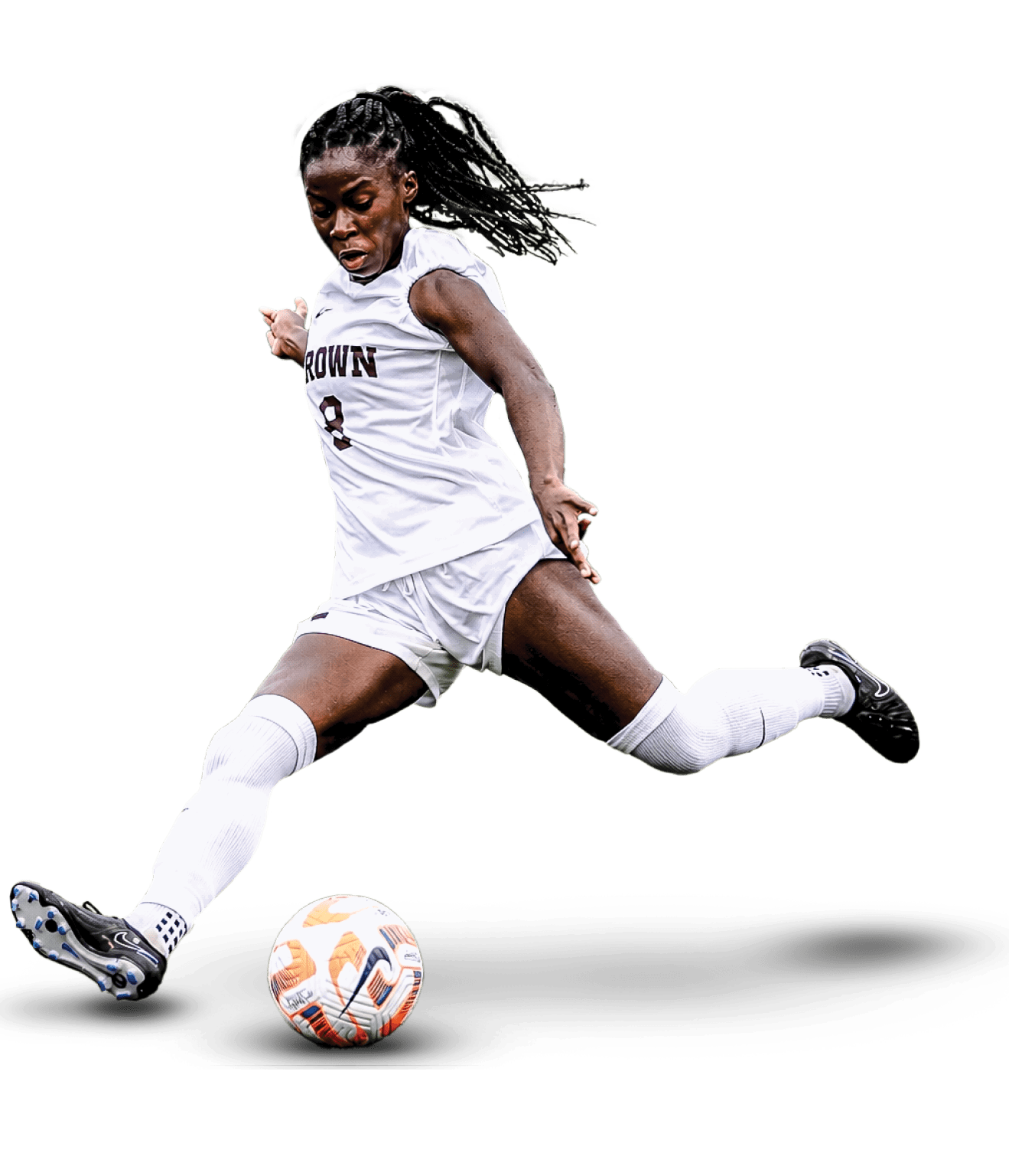 A woman in a white shirt and black shorts is kicking a soccer ball. AI generated content