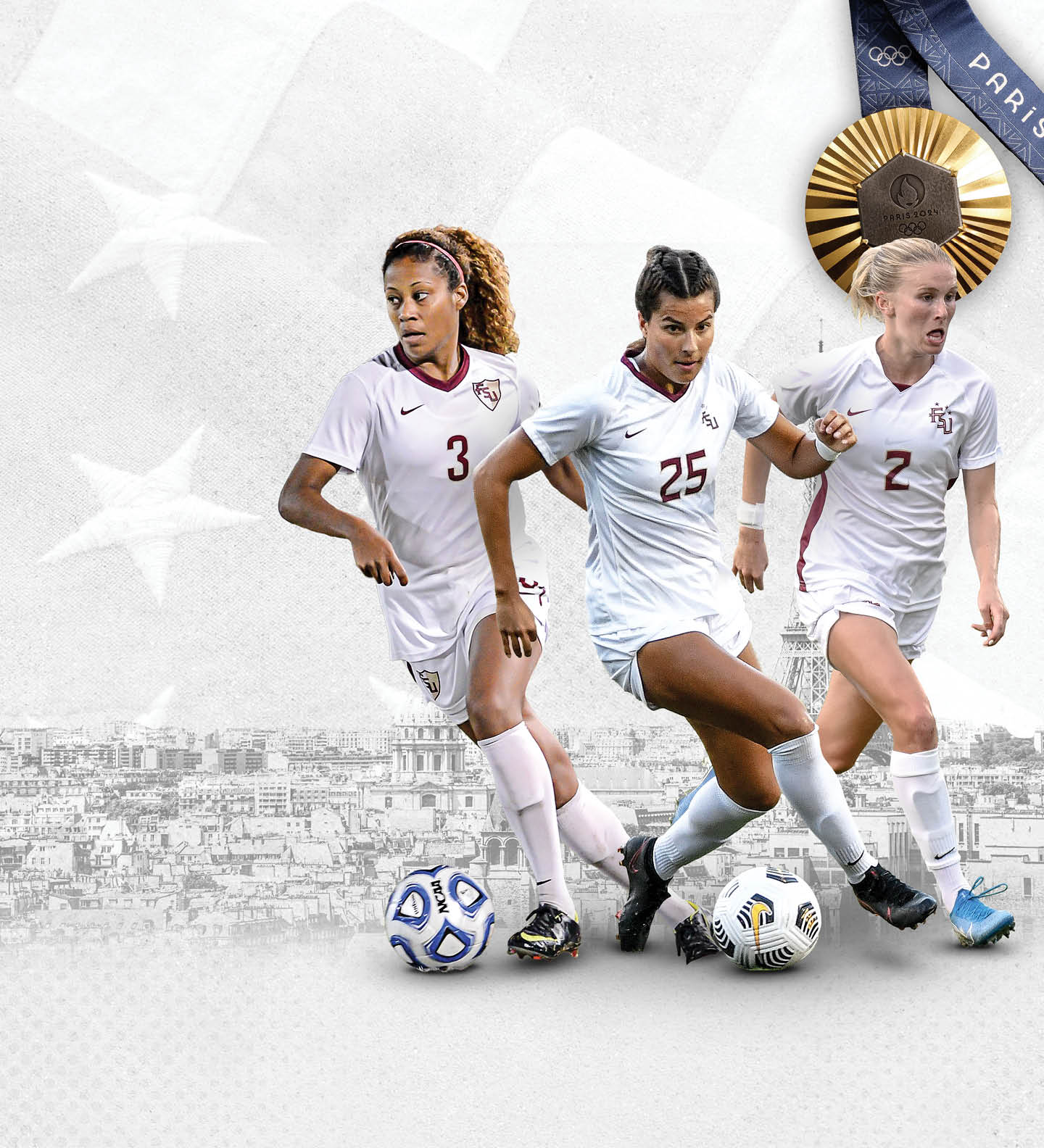 Three female soccer players in white uniforms are shown on a field. AI generated content