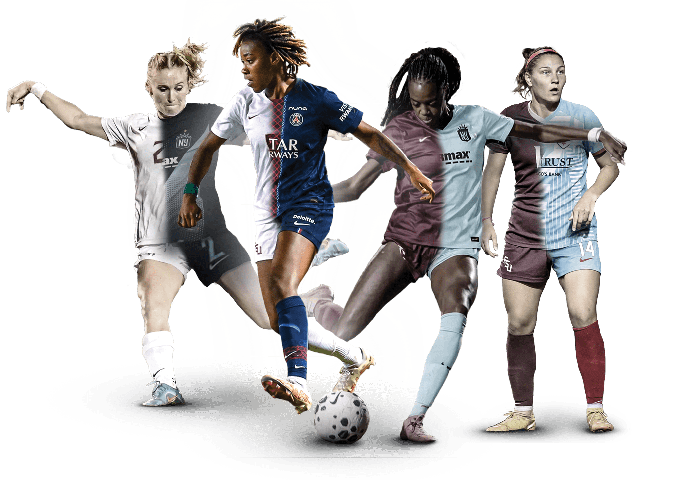 Four female soccer players in uniforms are shown in a row, each with a soccer ball in front of them. AI generated content