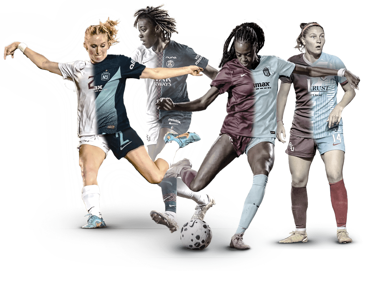 Three female soccer players in action, one in blue, one in red, and one in white. AI generated content