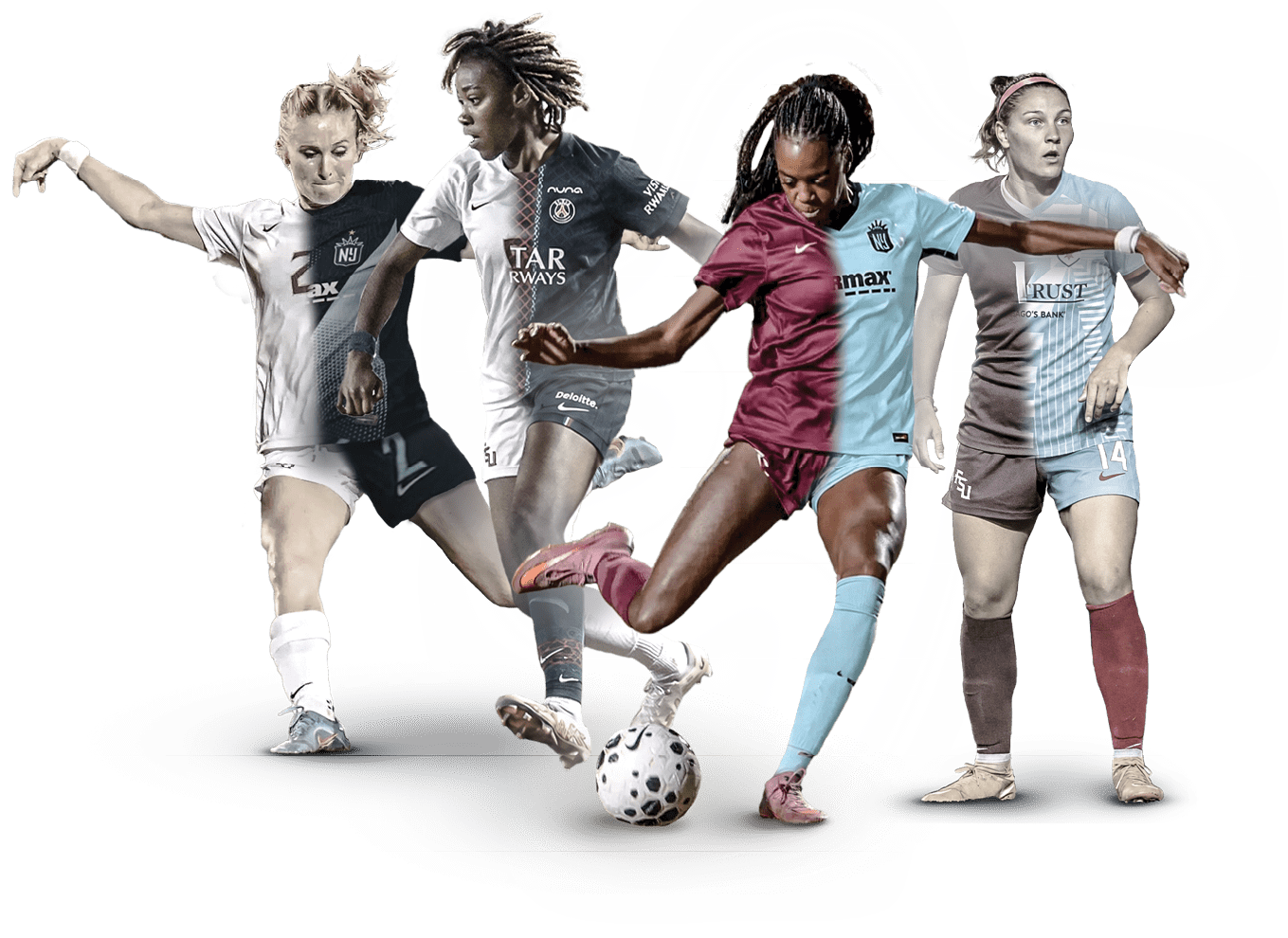 Three female soccer players in action, one in red, one in white, and one in blue. AI generated content