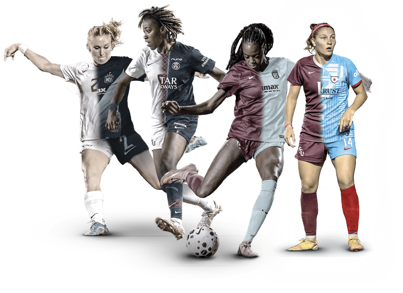 Three female soccer players in action, one wearing a red shirt, one in white, and one in blue. AI generated content
