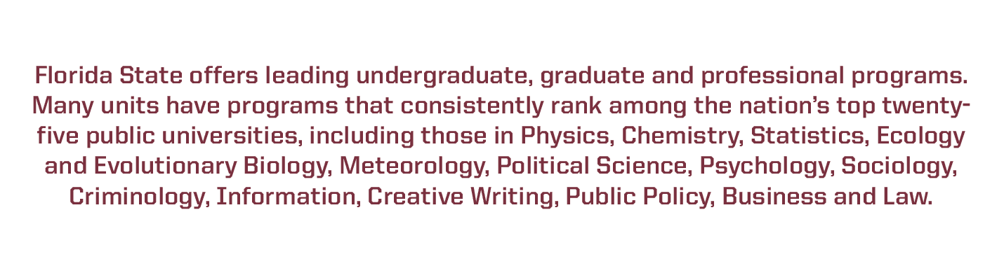  Florida State offers leading undergraduate, graduate and professional programs. Many units have programs that consis...