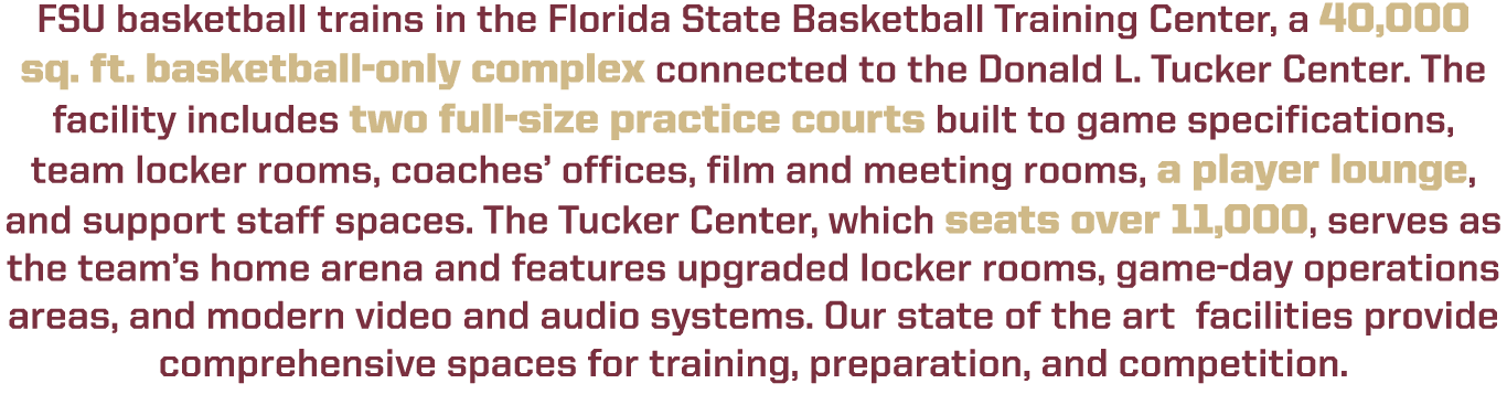 FSU basketball trains in the Florida State Basketball Training Center, a 40,000 sq. ft. basketball only complex conne...