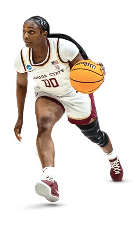 A female basketball player wearing a white uniform and red shoes is holding a basketball. AI generated content