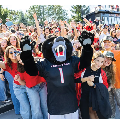 A mascot in a black jersey with the number 1 on it. Description generated by AI