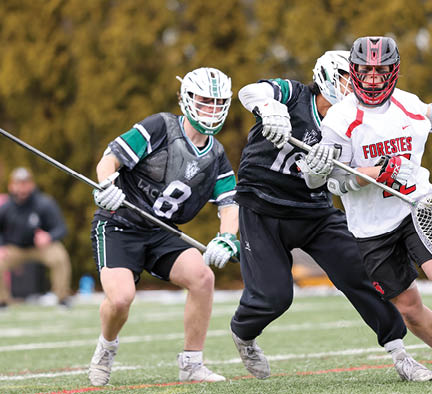 Two men playing lacrosse. Description generated by AI