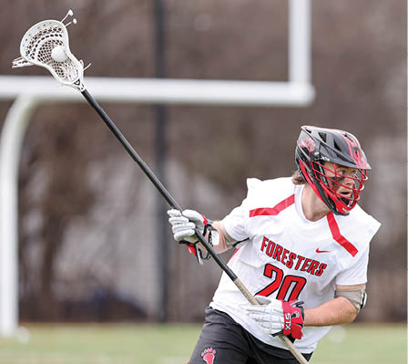 A man wearing a white shirt and black shorts holding a lacrosse stick. Description generated by AI