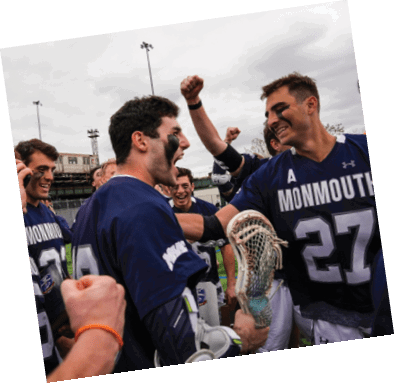 A group of people wearing sports uniforms celebrate on a field as one person holds up a trophy labeled “MAAC 2023 Men's Lacrosse Champions." Description generated by AI