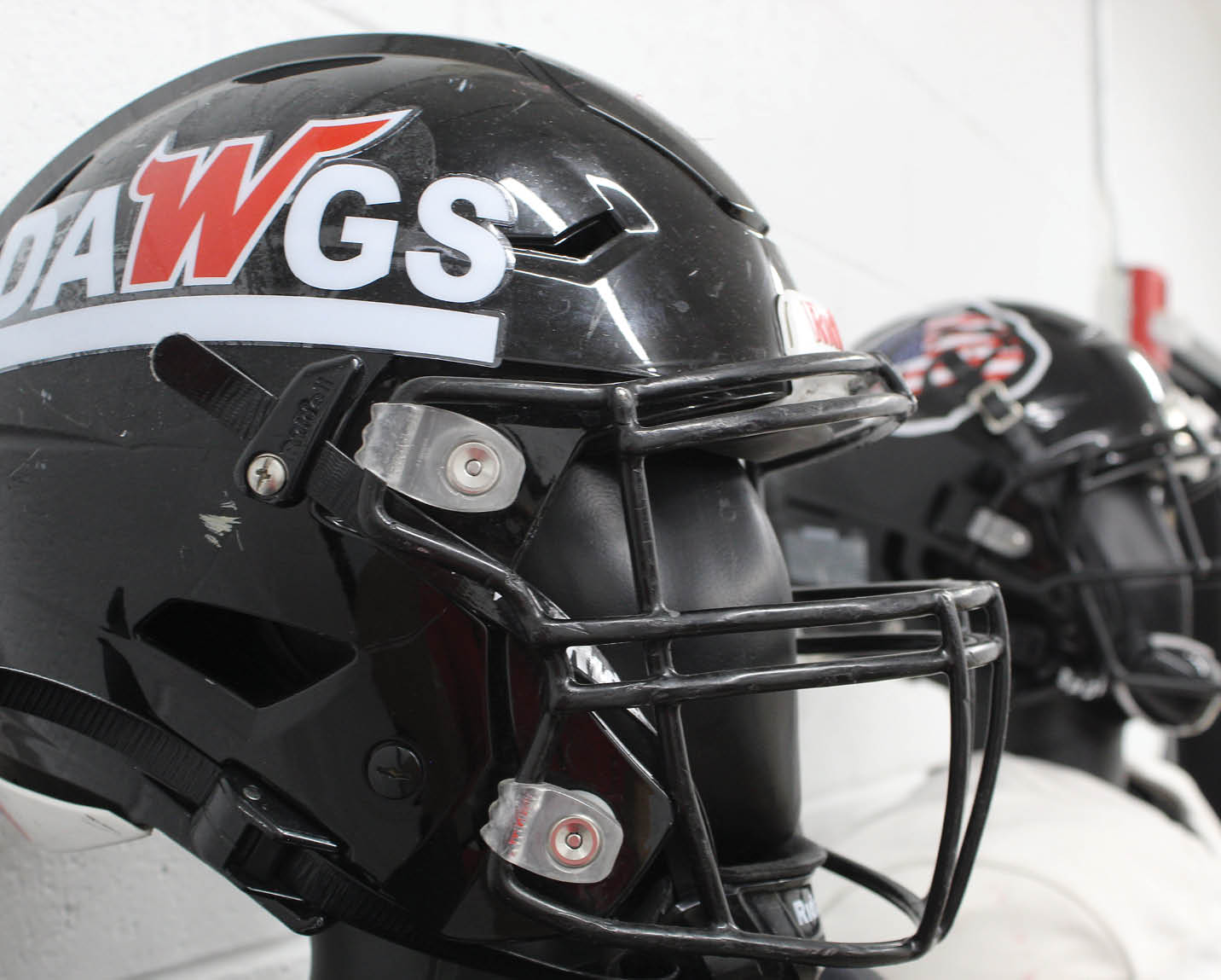 Two football helmets are hanging on a wall, one with the word “Dawgs" on it. AI generated content