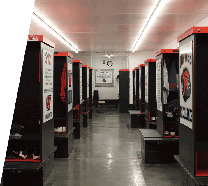 A hallway with several lockers, one of which has a sign that says “5 strong". AI generated content