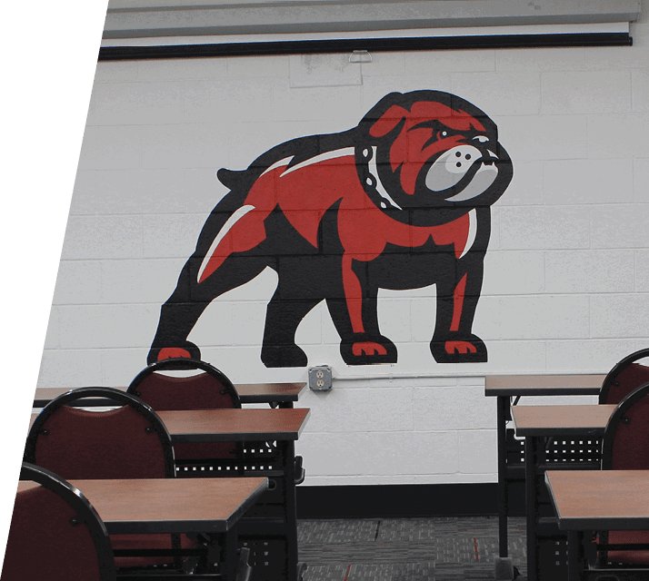 A classroom with a large red dog painted on the wall. AI generated content