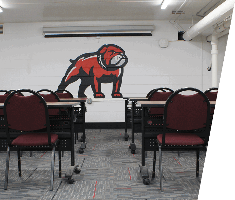 A room with a red and black painted dog mascot on the wall. The mascot is sitting on a table with several chairs around it. AI generated content