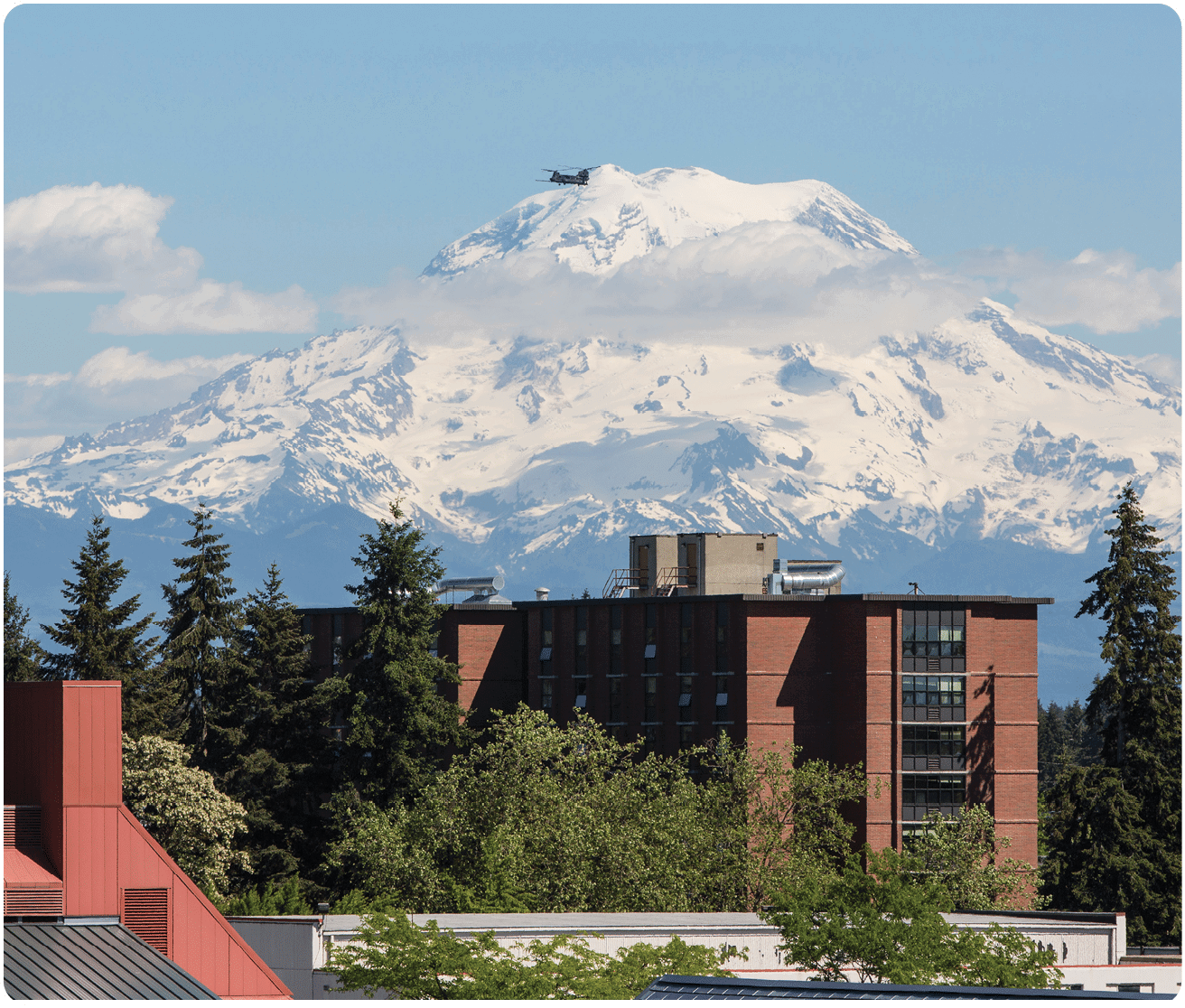 Mt Rainier over lower campus at PLU on Tuesday, May 10, 2016. (Photo: John Froschauer/PLU)