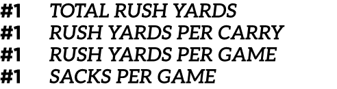 #1 Total Rush Yards #1 Rush Yards Per Carry #1 Rush Yards Per Game #1 Sacks Per Game 