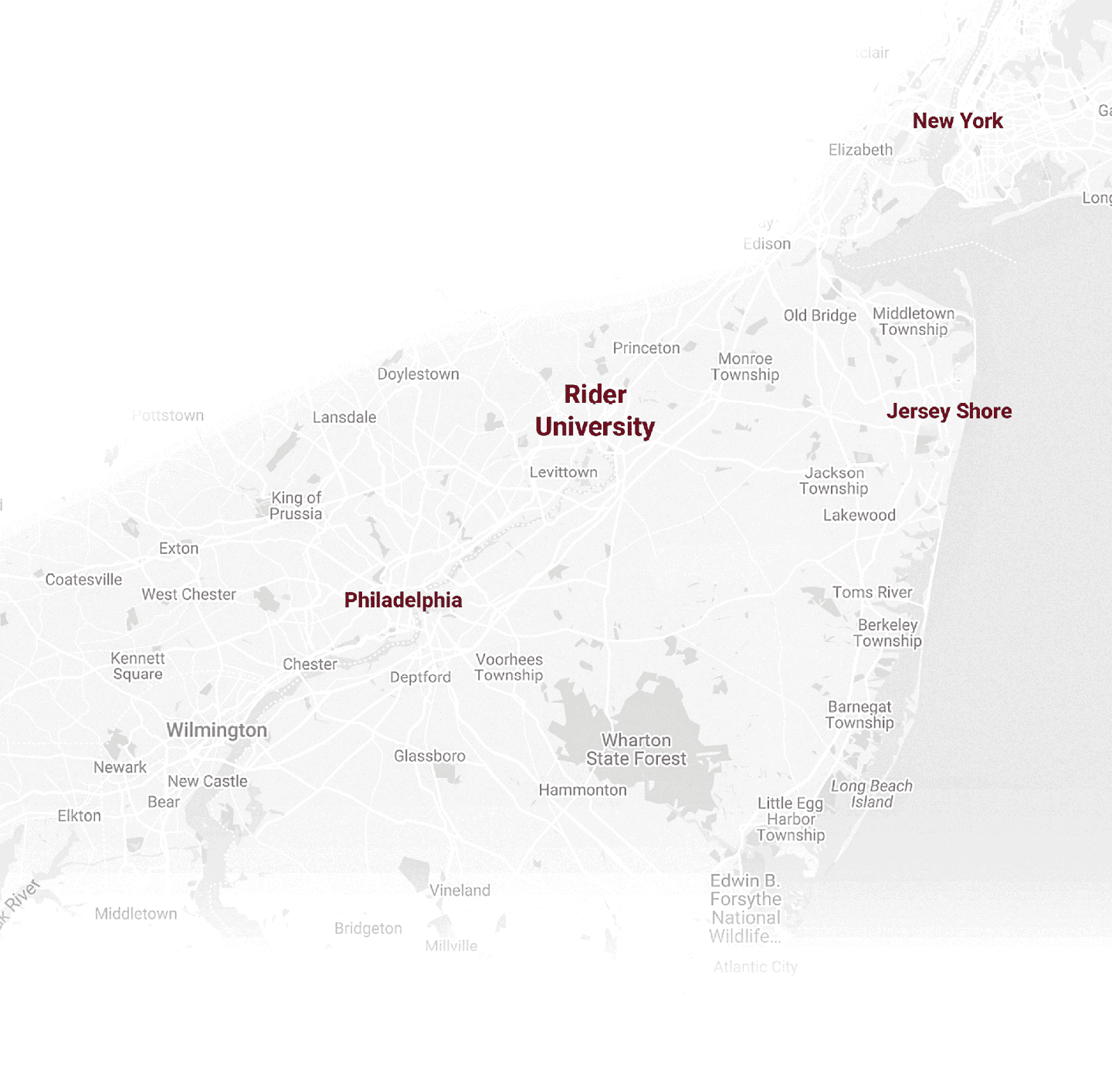 A map highlighting Rider University, Philadelphia, New York, Jersey Shore, and surrounding areas in a light gray and white color scheme with key locations labeled in dark red text. Description generated by AI