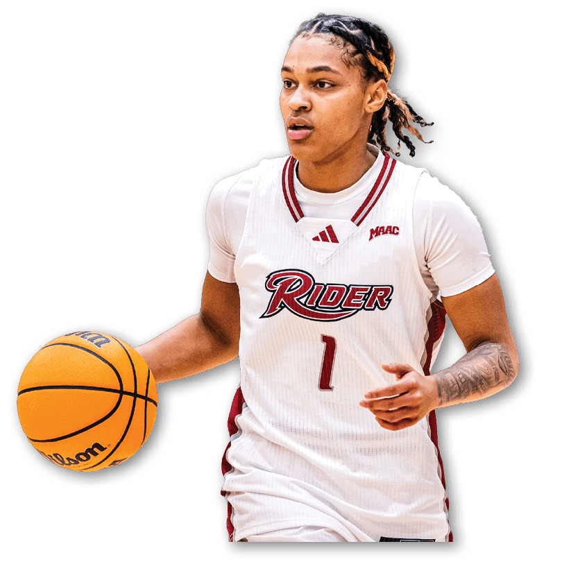 A person with braided hair wearing a white basketball uniform with the word “Rider" and the number one is dribbling a basketball. Description generated by AI